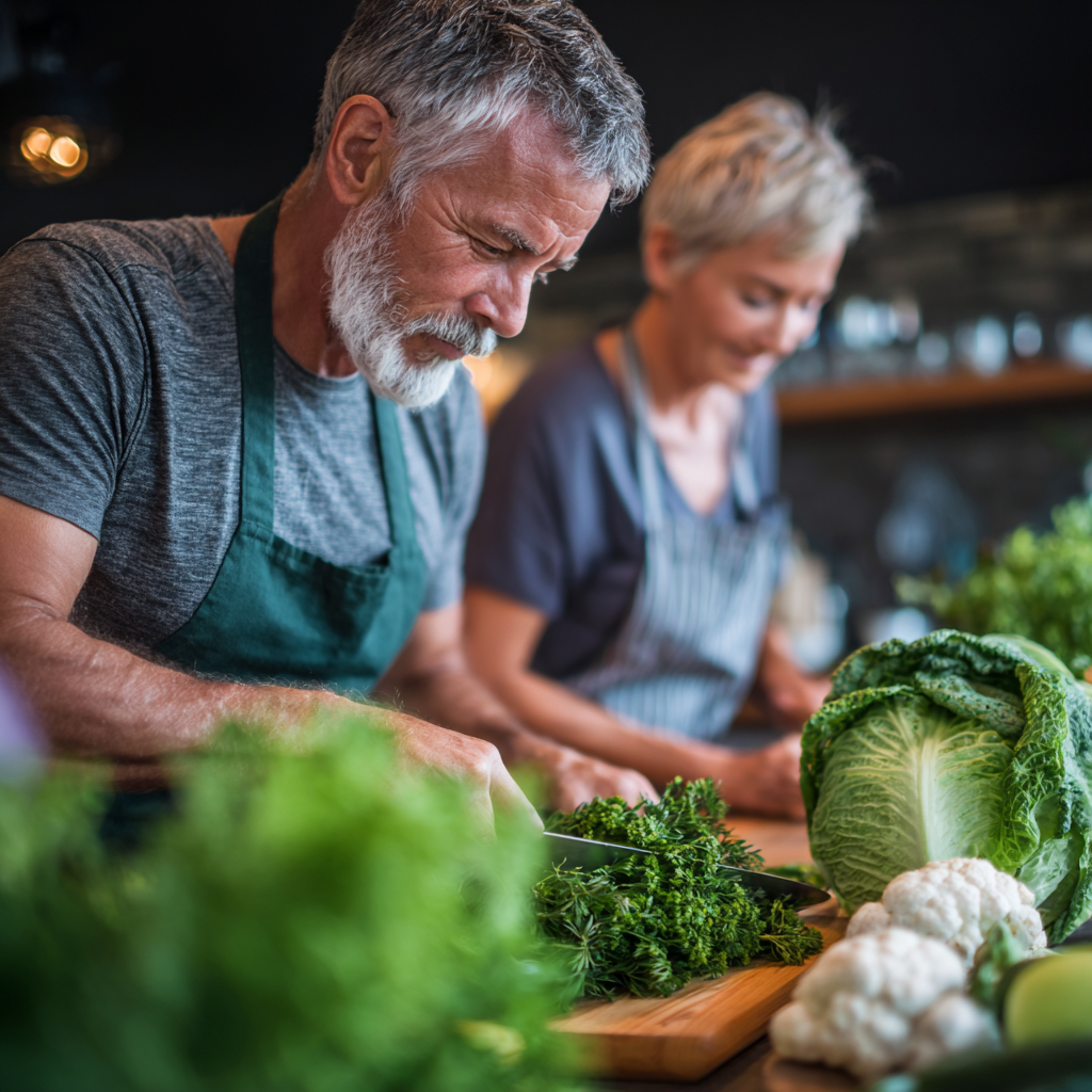 Middle-aged adults preparing fresh natural foods with herbs and vegetables