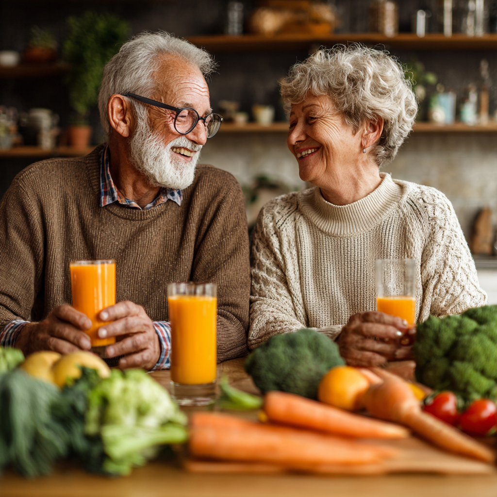 Older adults enjoying healthy natural foods together